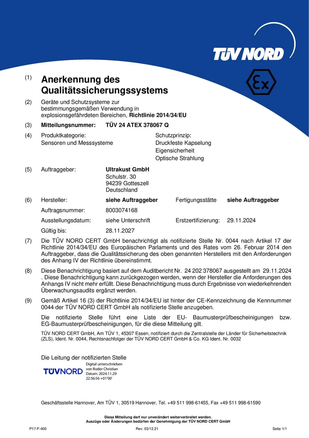 TÜV NORD ATEX Anerkennung des Qualitätssicherungssystems
